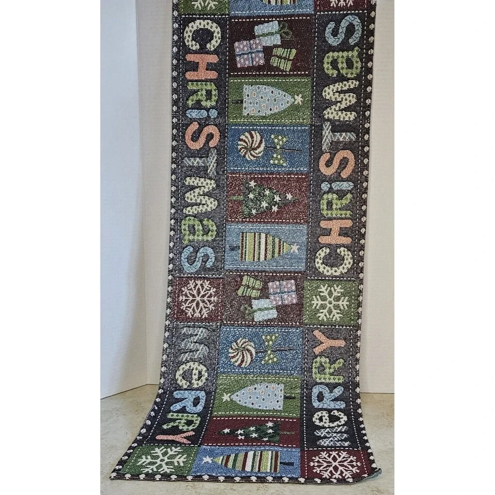 Merry Christmas Table Runner Tapestry Holiday Trees Gifts Snowflakes 68